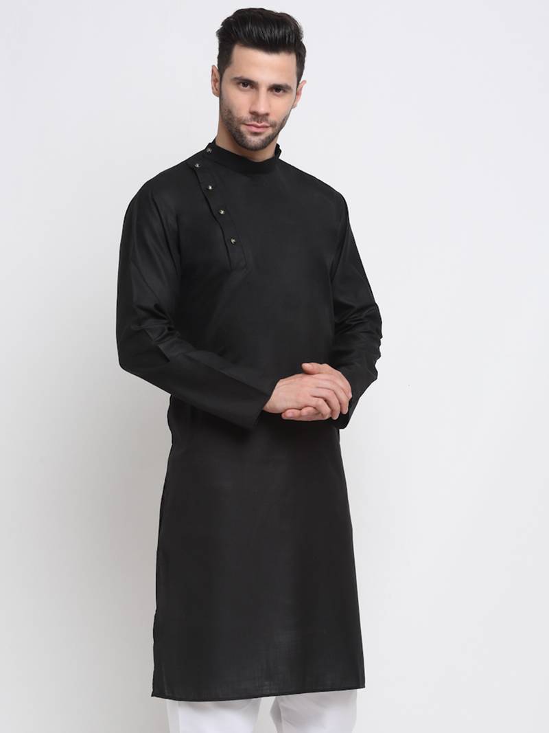 Men Cotton Black  Solid Kurta Only