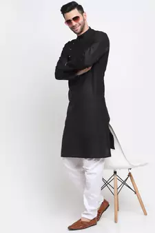 Men Cotton Black  Solid Kurta Only