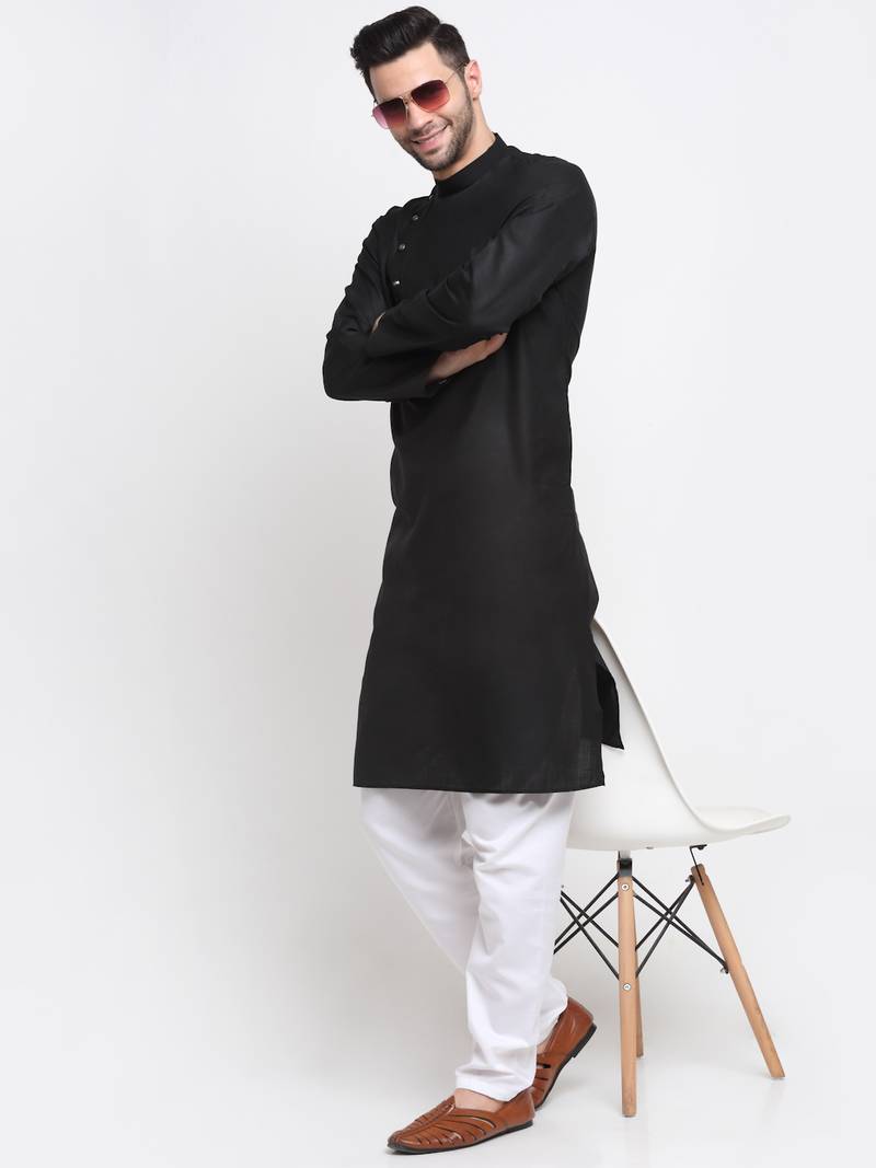 Men Cotton Black  Solid Kurta Only