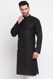 Men Cotton Black  Solid Kurta Only