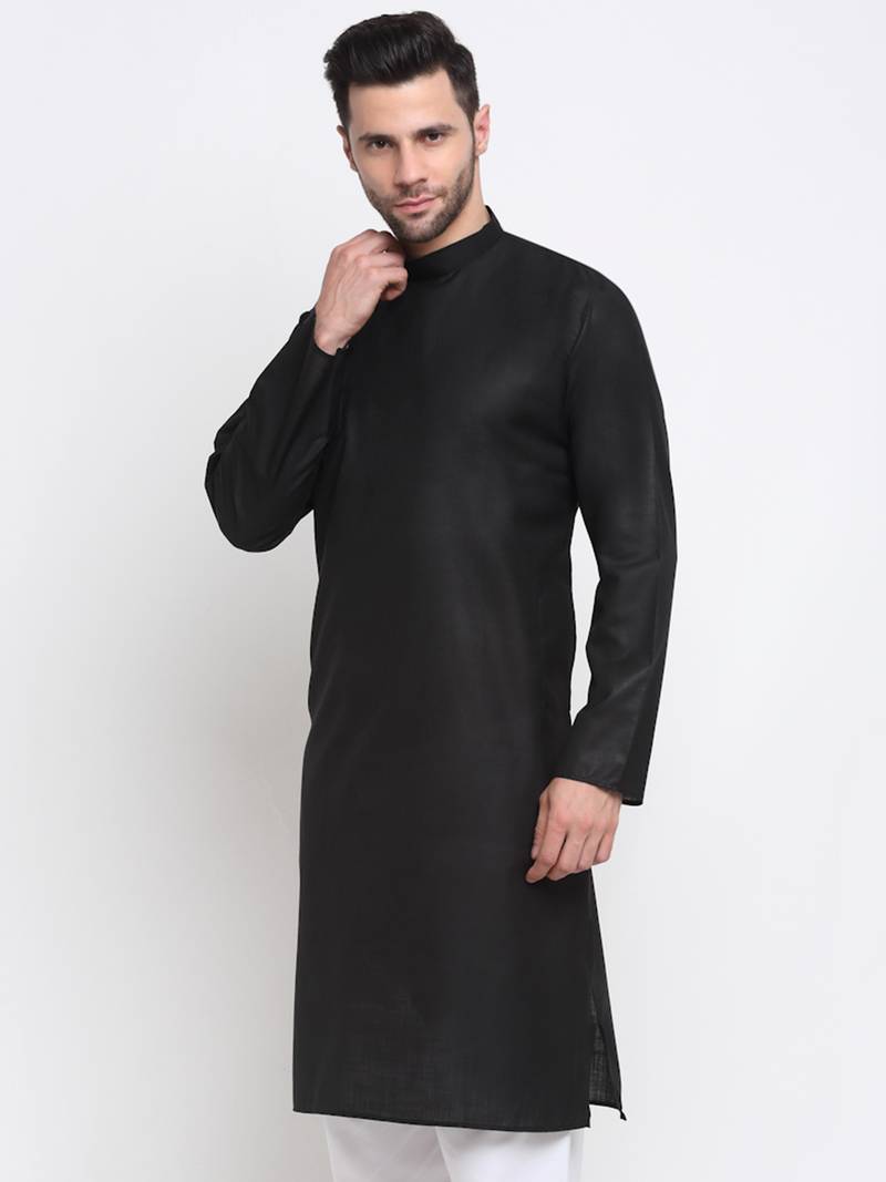 Men Cotton Black  Solid Kurta Only