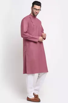 Men Cotton Coral  Solid Kurta Only