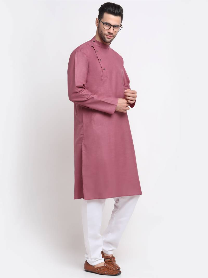 Men Cotton Coral  Solid Kurta Only