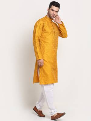 Yellow straight knee length Woven kurta 1