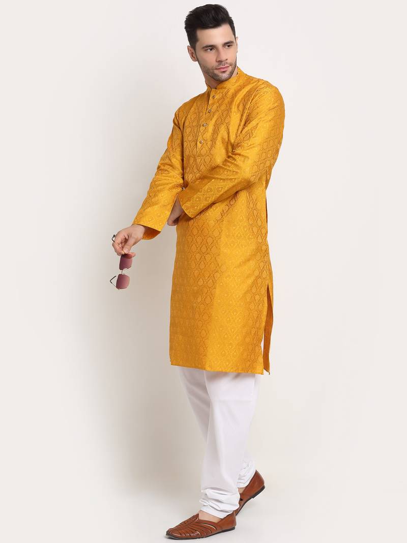 Yellow straight knee length Woven kurta