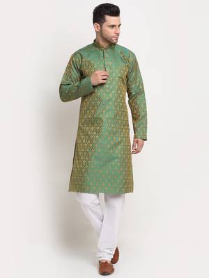 Green Silk Blend Traditional Kurta 4
