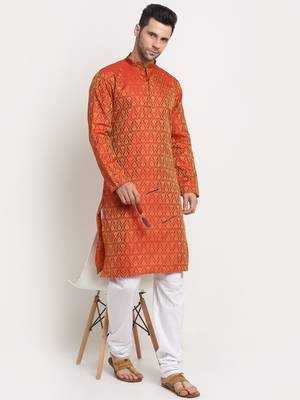 orange silk blend jacquard kurta for men 1