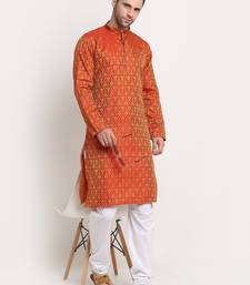 orange silk blend jacquard kurta for men