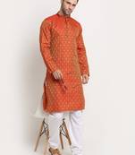 orange silk blend jacquard kurta for men