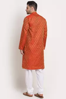orange silk blend jacquard kurta for men