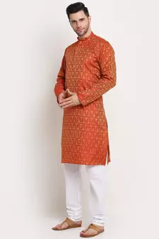orange silk blend jacquard kurta for men