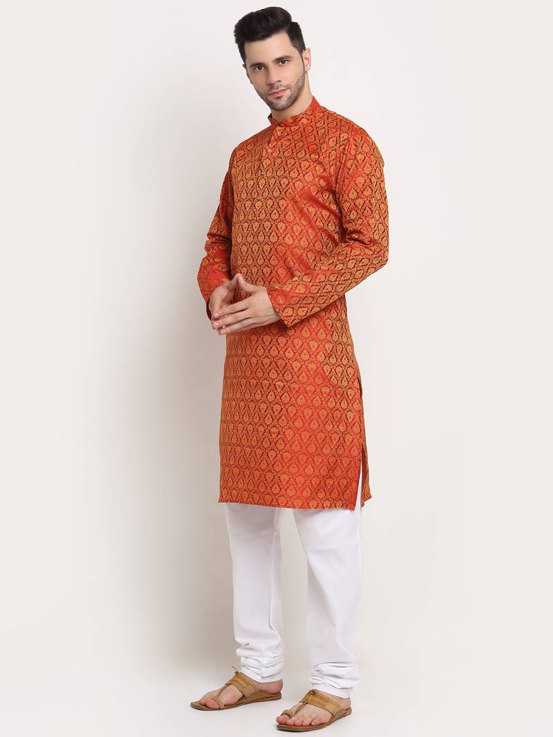 orange silk blend jacquard kurta pajama for men