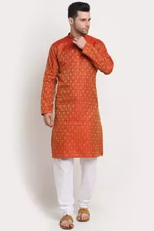 orange silk blend jacquard kurta for men