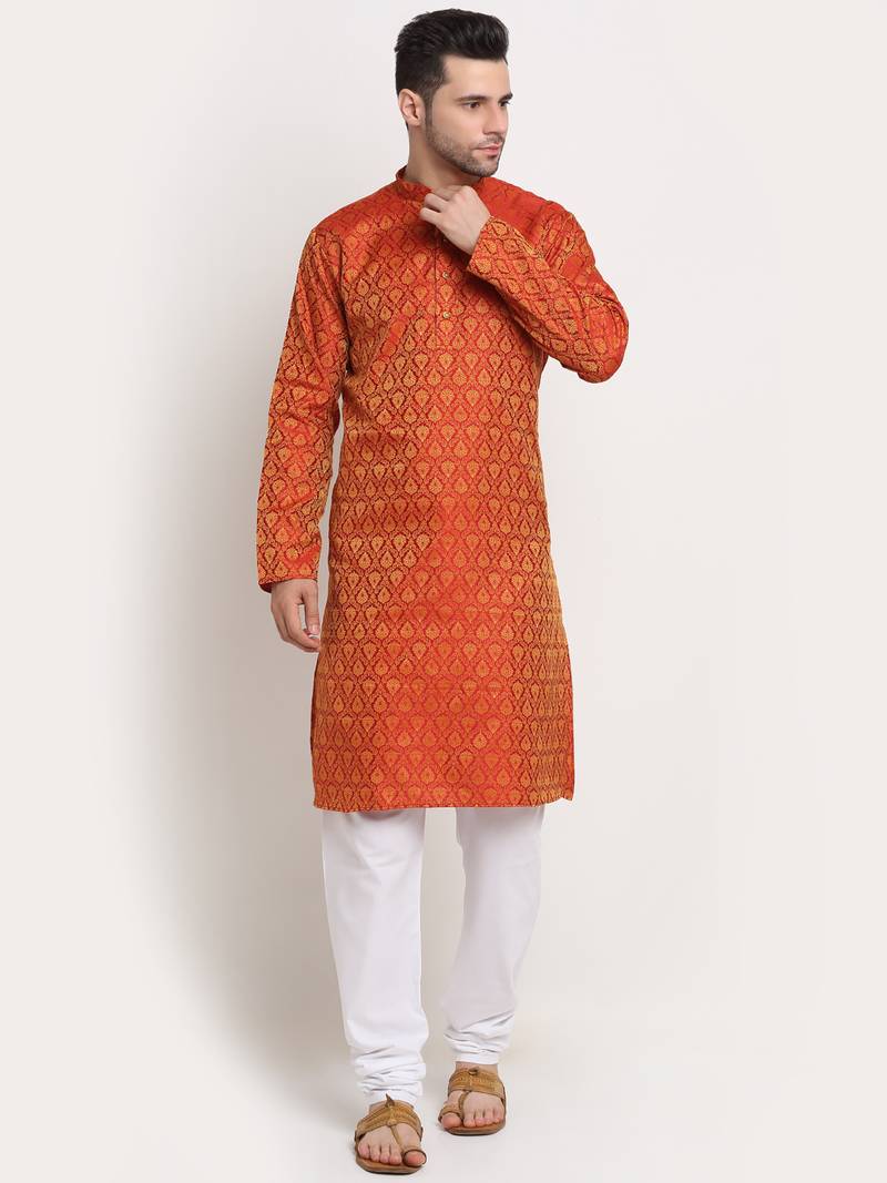 orange silk blend jacquard kurta pajama for men