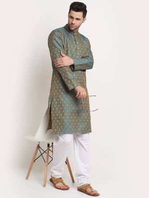 green silk blend jacquard kurta 1