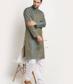 green silk blend jacquard kurta