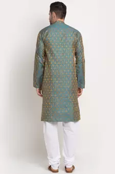 green silk blend jacquard kurta
