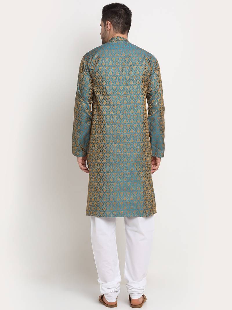 green silk blend jacquard kurta