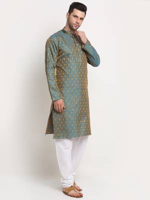 green silk blend jacquard kurta 3