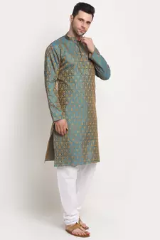 green silk blend jacquard kurta