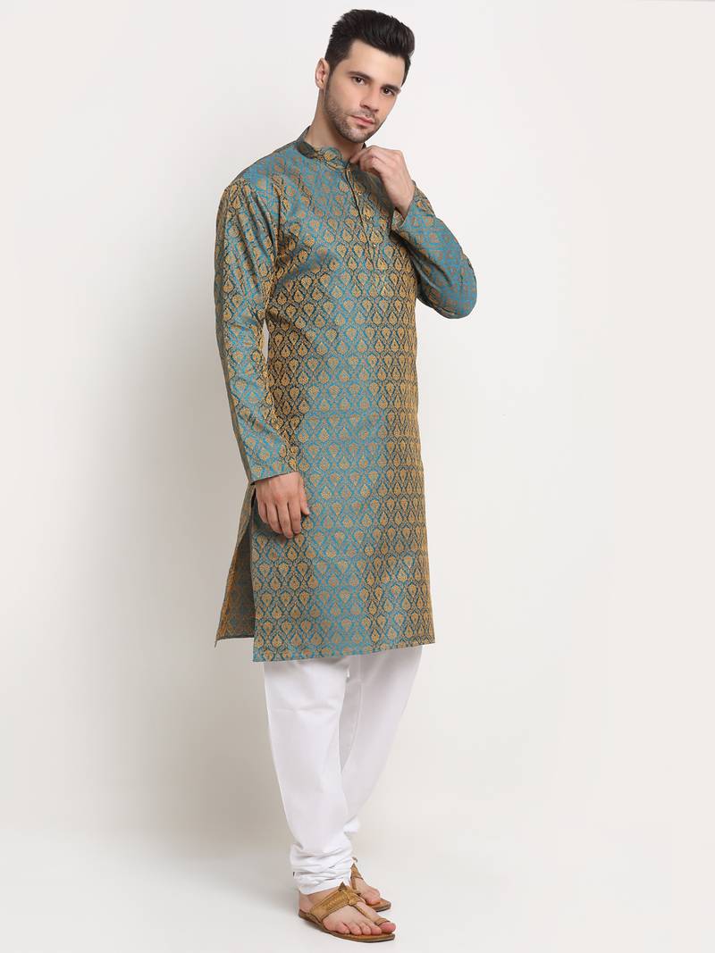 green silk blend jacquard kurta