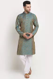 green silk blend jacquard kurta