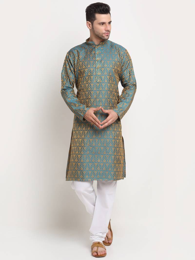 green silk blend jacquard kurta