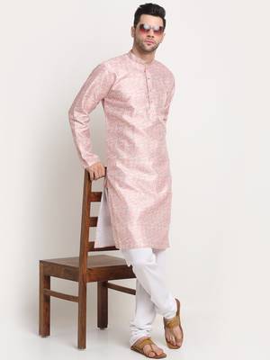 Pink Silk Blend Traditional Kurta For men 3