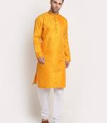 Men Jacquard Woven Design Yellow Kurta
