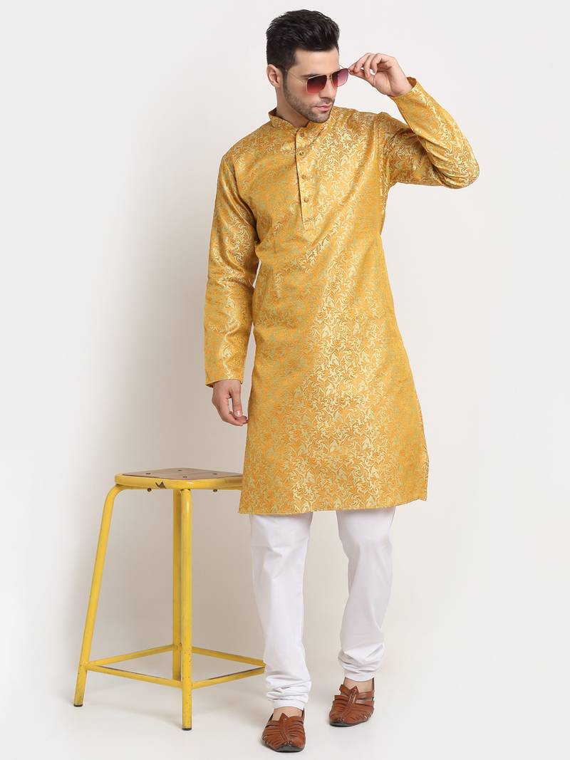 KRAFT INDIA Men Jacquard Woven Design Green Kurta