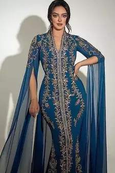 Royal Fashion Wedding Dubai Beaded Kaftan Abaya Party Wear Fish Cut Crystal Fancy Work Caftan Dresses