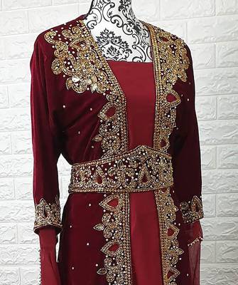Maroon Velvet Stone and Zari Work Wedding Kaftan for Women 3