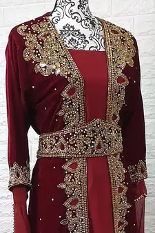 Maroon Velvet Stone and Zari Work Wedding Kaftan for Women