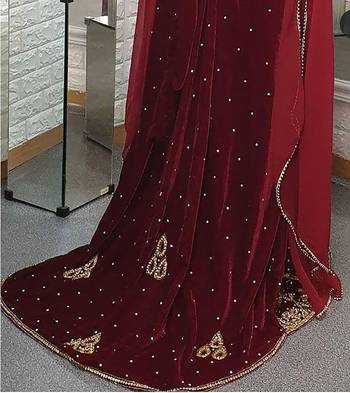 Maroon Velvet Stone and Zari Work Wedding Kaftan for Women 4