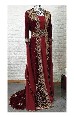 Maroon Velvet Stone and Zari Work Wedding Kaftan for Women 5