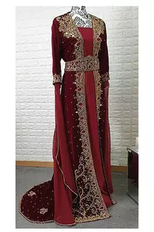 Maroon Velvet Stone and Zari Work Wedding Kaftan for Women