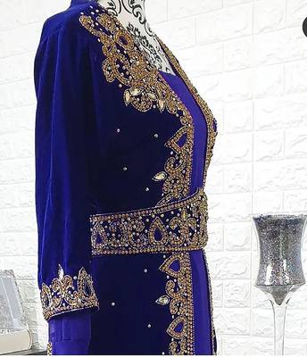 Royal Blue Velvet Zari Work Kaftan for Women 3