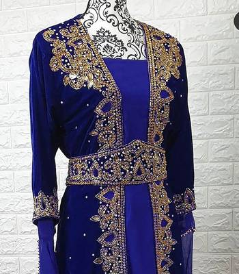 Royal Blue Velvet Zari Work Kaftan for Women 4