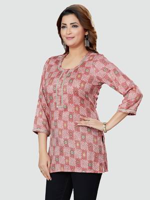 Pink printed rayon short-kurtis 4