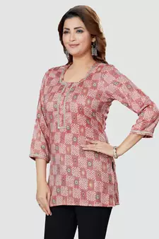 Pink printed rayon short-kurtis