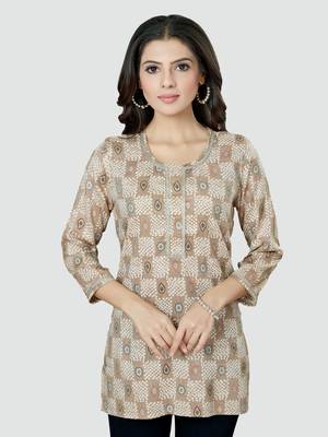 Beige printed rayon short-kurtis 1
