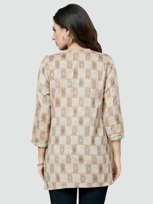 Beige printed rayon short-kurtis 2