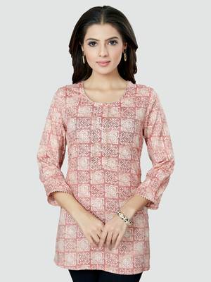 Pink printed rayon short-kurtis 1