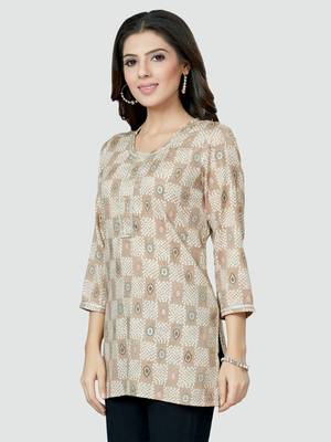 Beige printed rayon short-kurtis 3