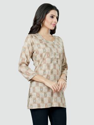 Beige printed rayon short-kurtis 4