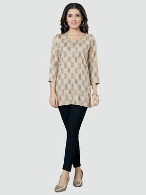 Beige printed rayon short-kurtis 5