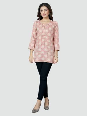 Pink printed rayon short-kurtis 5