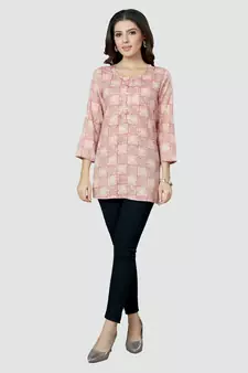 Pink printed rayon short-kurtis