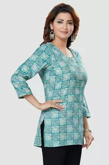 Blue printed rayon short-kurtis