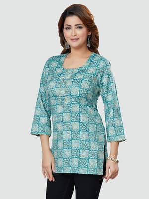 Blue printed rayon short-kurtis 4